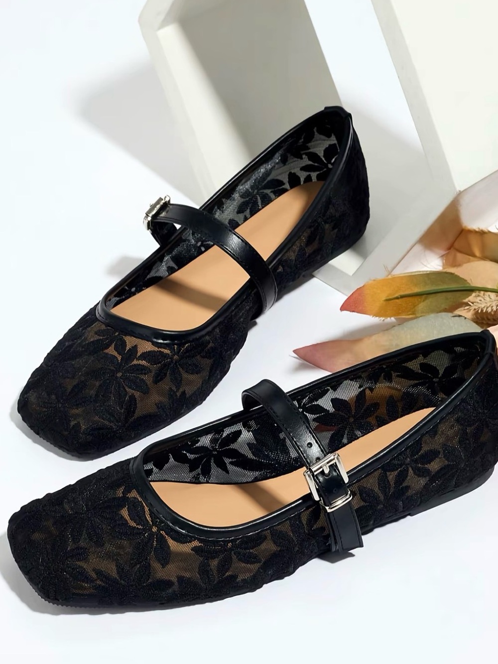 Tik Tok Black Floral Mesh Mary Jane Flats with Buckle Strap NWOT